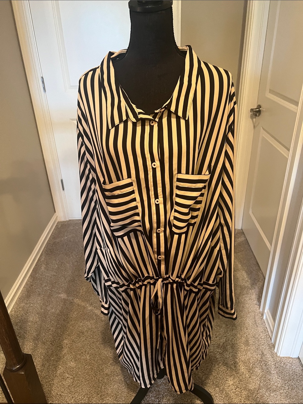 🔥2/$5 Yours Clothing Black and Cream Vertical-Stripe Button Tunic Dress